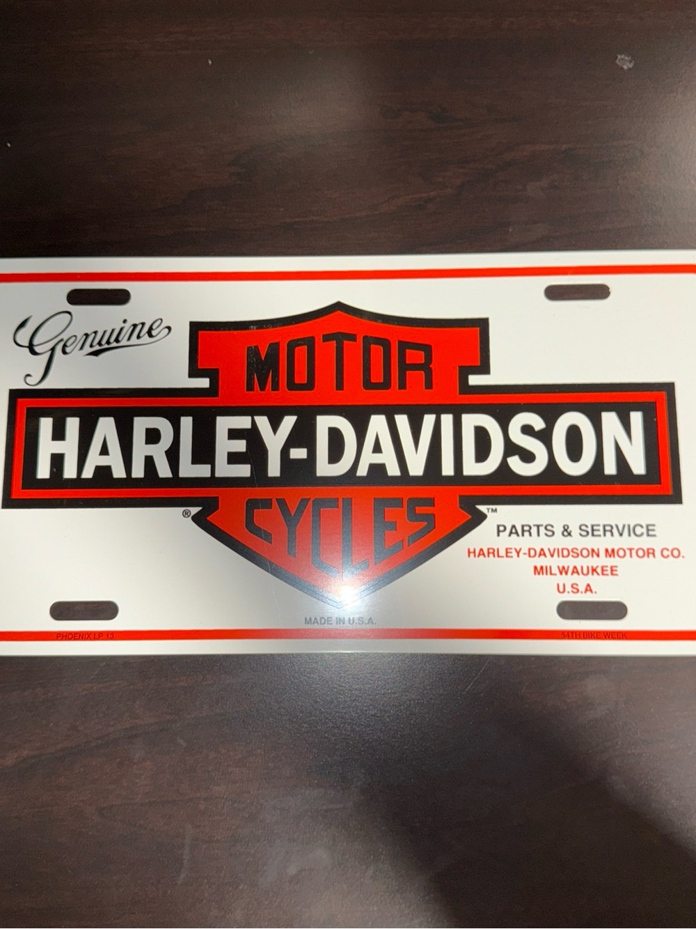 Harley-Davidson White, Black & Orange Bar & Shield License Plate